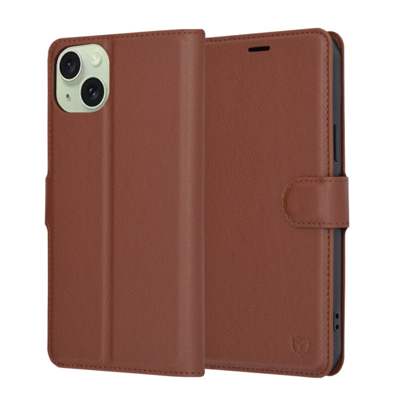 Case for Apple iPhone 15 Plus, Techsuit, Leather Folio, Brown