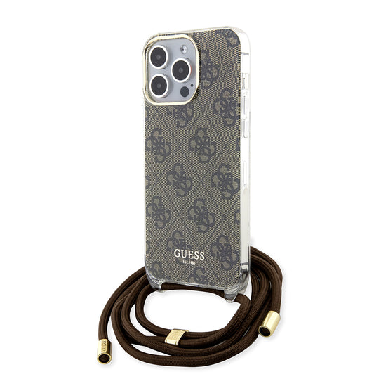 Funda para Apple iPhone 15 Pro, Guess, Crossbody Cord 4G Print, Marrón