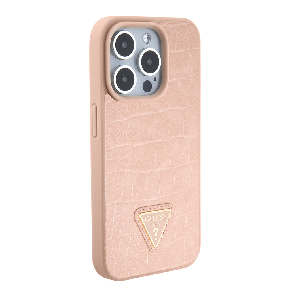 Funda para Apple iPhone 15 Pro, Guess, Croco Triangle Metal Logo, Rosa