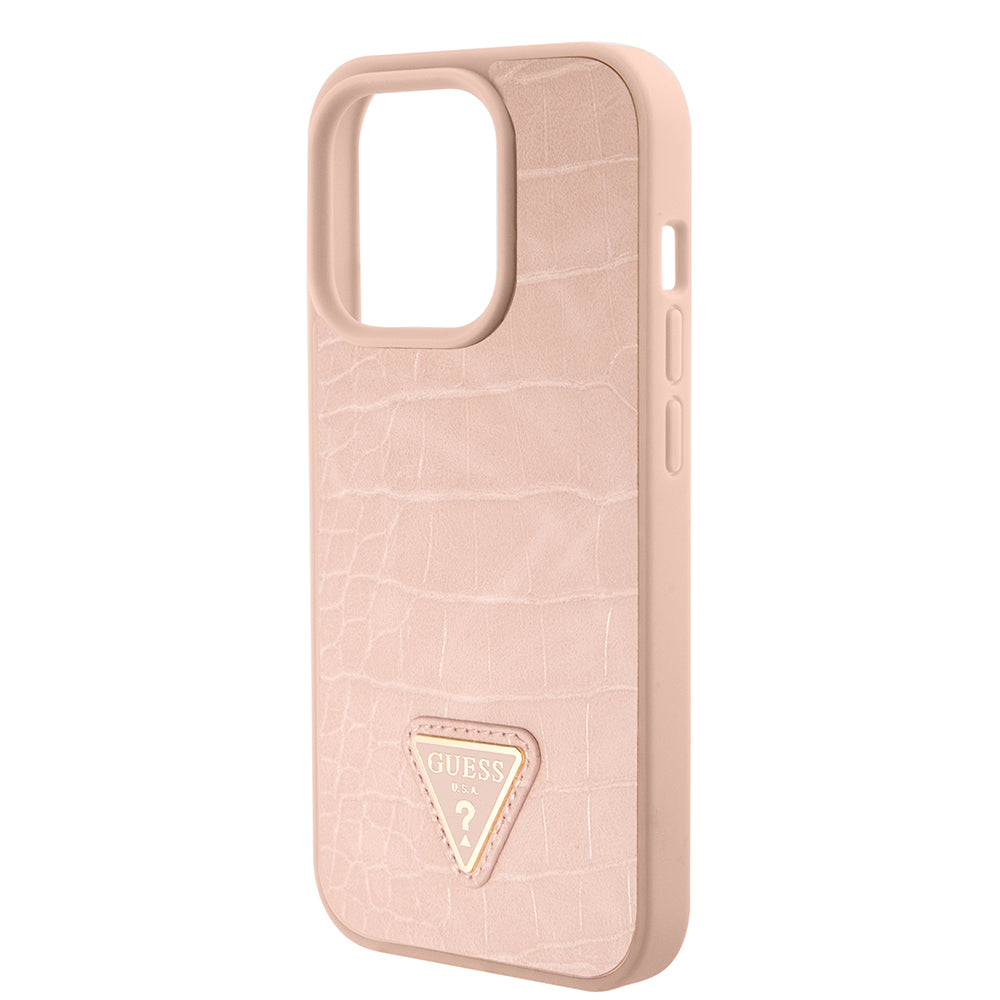 Funda para Apple iPhone 15 Pro, Guess, Croco Triangle Metal Logo, Rosa