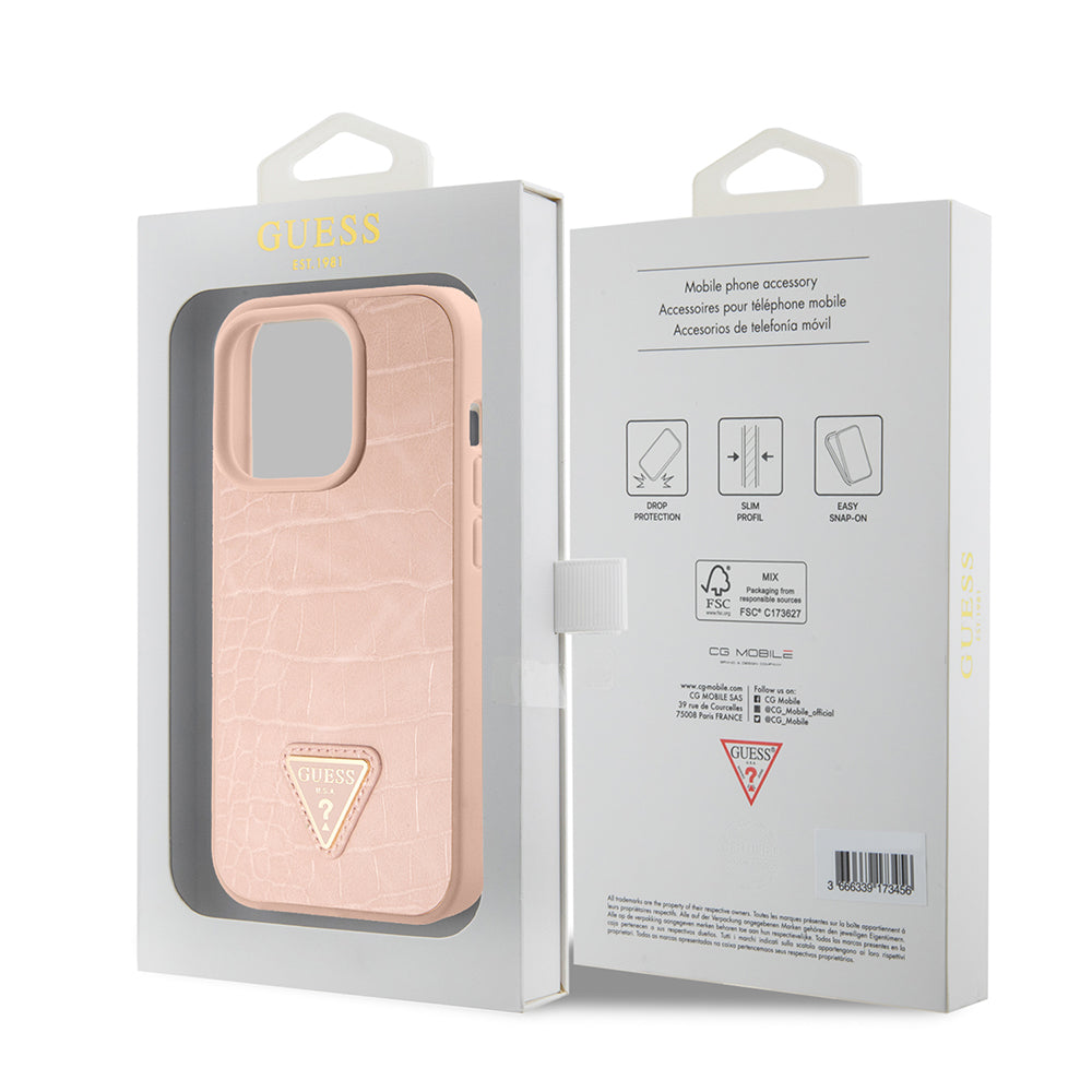 Funda para Apple iPhone 15 Pro, Guess, Croco Triangle Metal Logo, Rosa