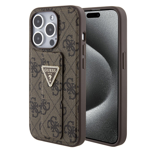 Funda para Apple iPhone 15 Pro, Guess, Grip Stand 4G Triangle Strass, Marrón
