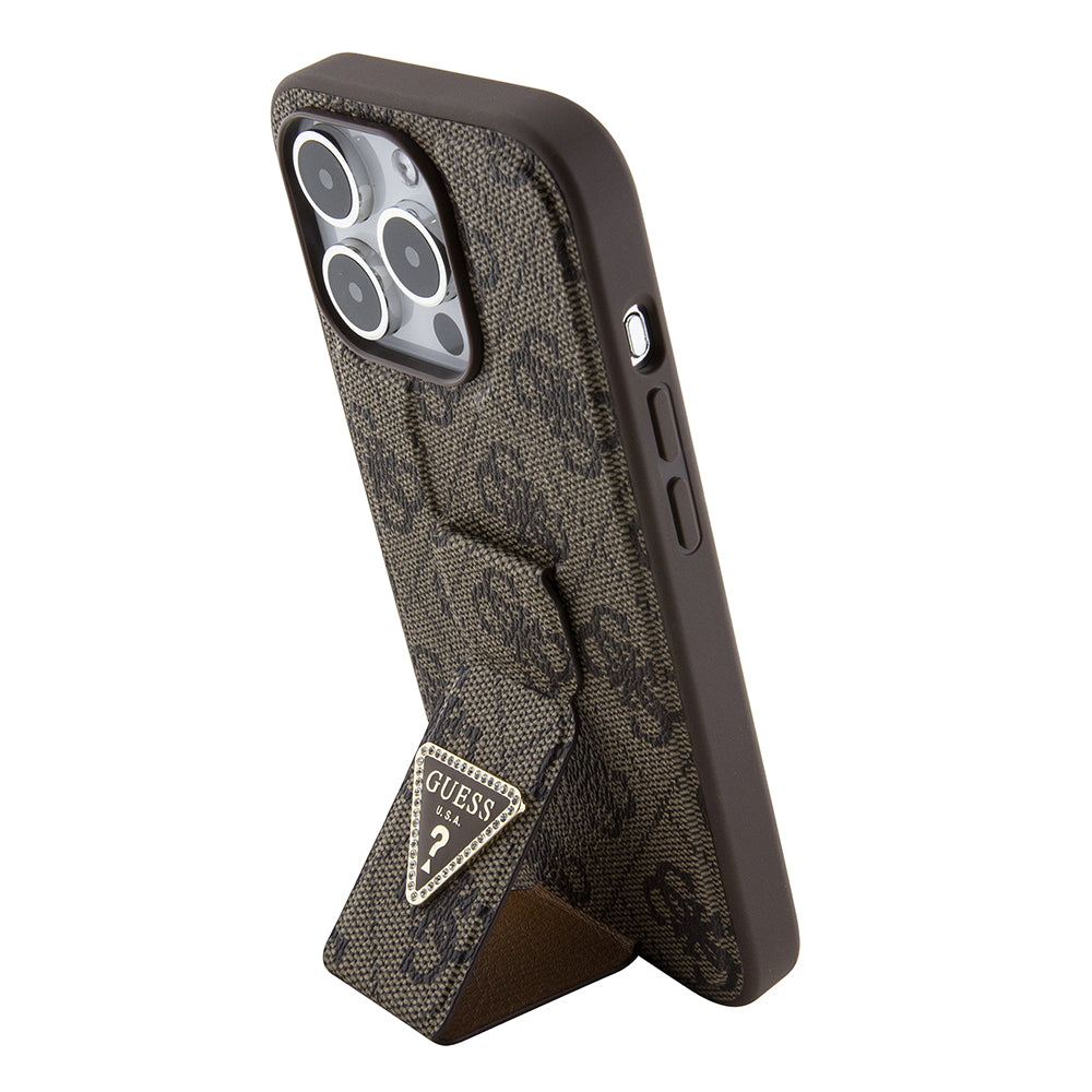 Funda para Apple iPhone 15 Pro, Guess, Grip Stand 4G Triangle Strass, Marrón