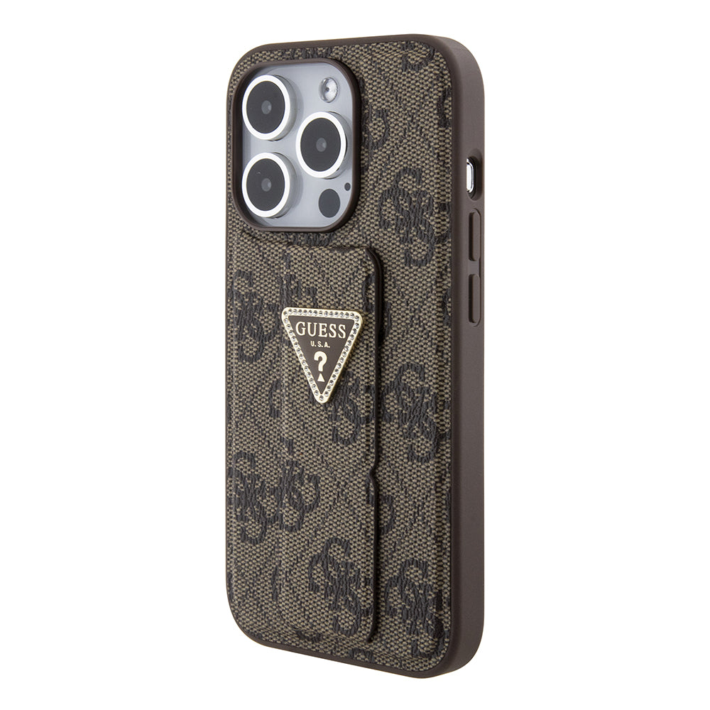 Funda para Apple iPhone 15 Pro, Guess, Grip Stand 4G Triangle Strass, Marrón