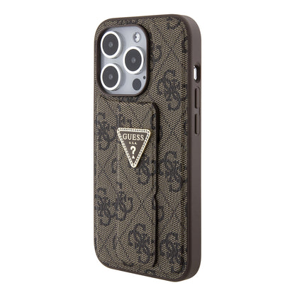Funda para Apple iPhone 15 Pro, Guess, Grip Stand 4G Triangle Strass, Marrón