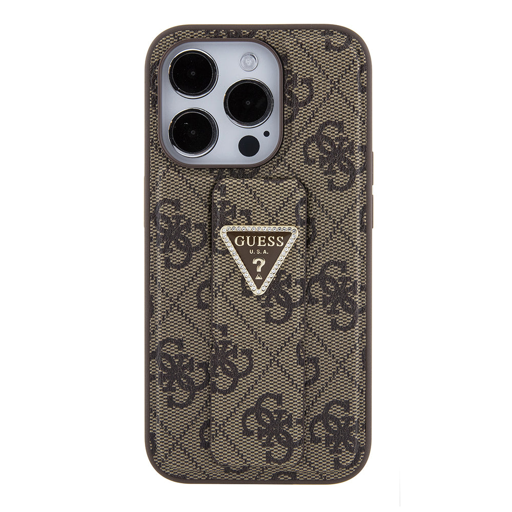 Funda para Apple iPhone 15 Pro, Guess, Grip Stand 4G Triangle Strass, Marrón