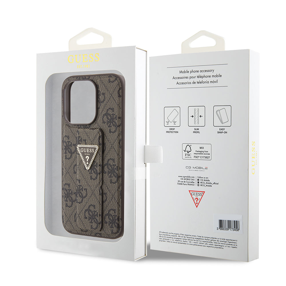 Funda para Apple iPhone 15 Pro, Guess, Grip Stand 4G Triangle Strass, Marrón