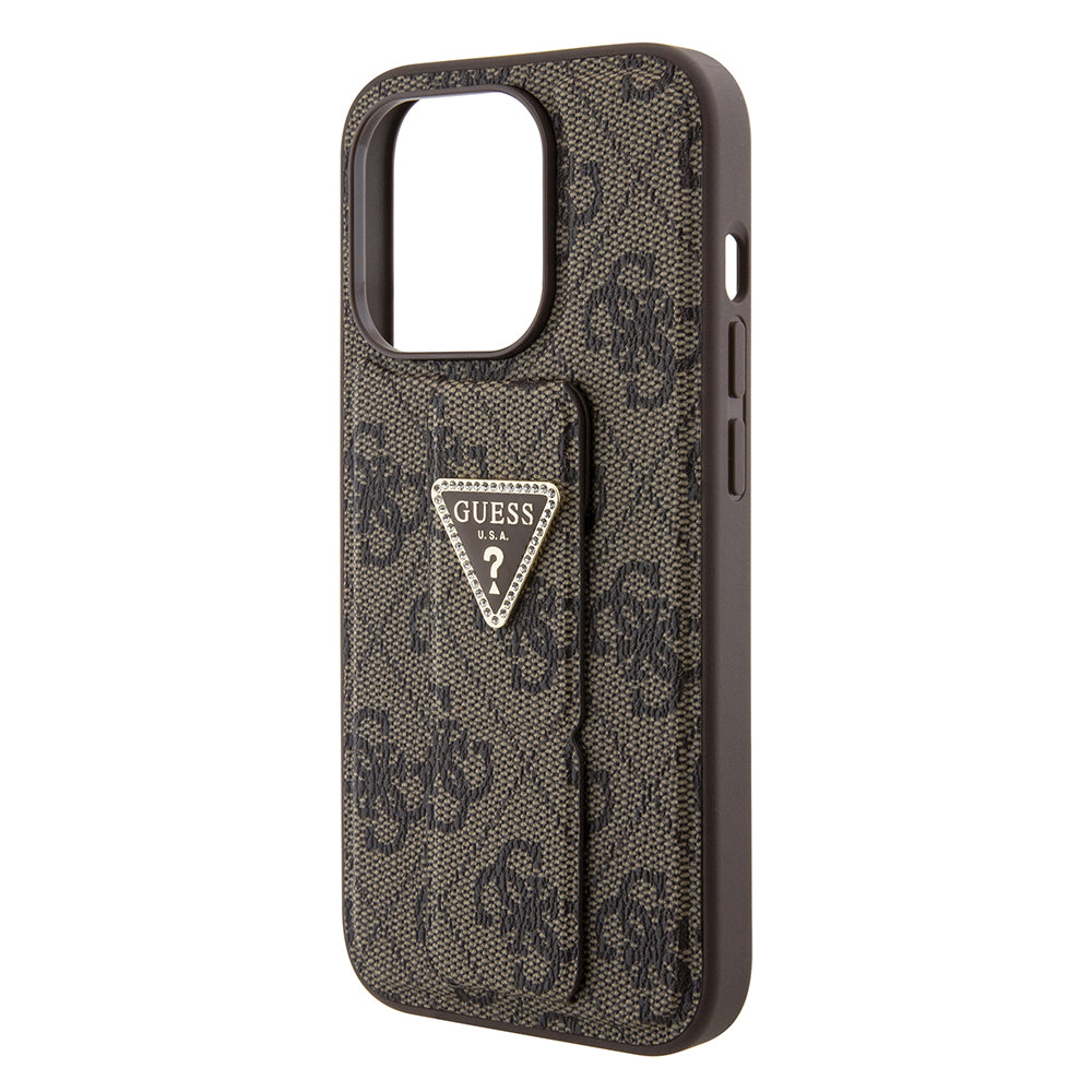 Funda para Apple iPhone 15 Pro, Guess, Grip Stand 4G Triangle Strass, Marrón