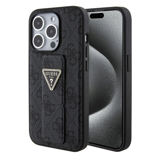 Funda para Apple iPhone 15 Pro, Guess, Grip Stand 4G Triangle Strass, Negra