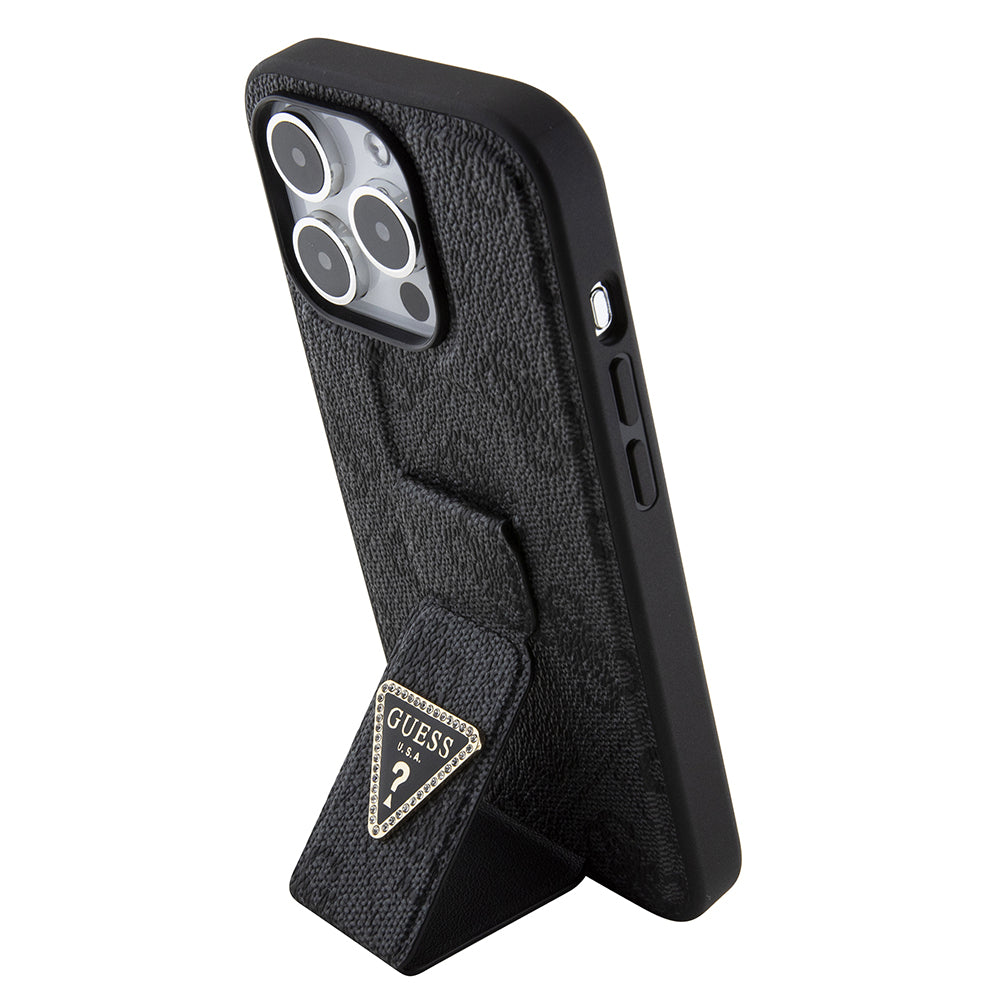 Funda para Apple iPhone 15 Pro, Guess, Grip Stand 4G Triangle Strass, Negra
