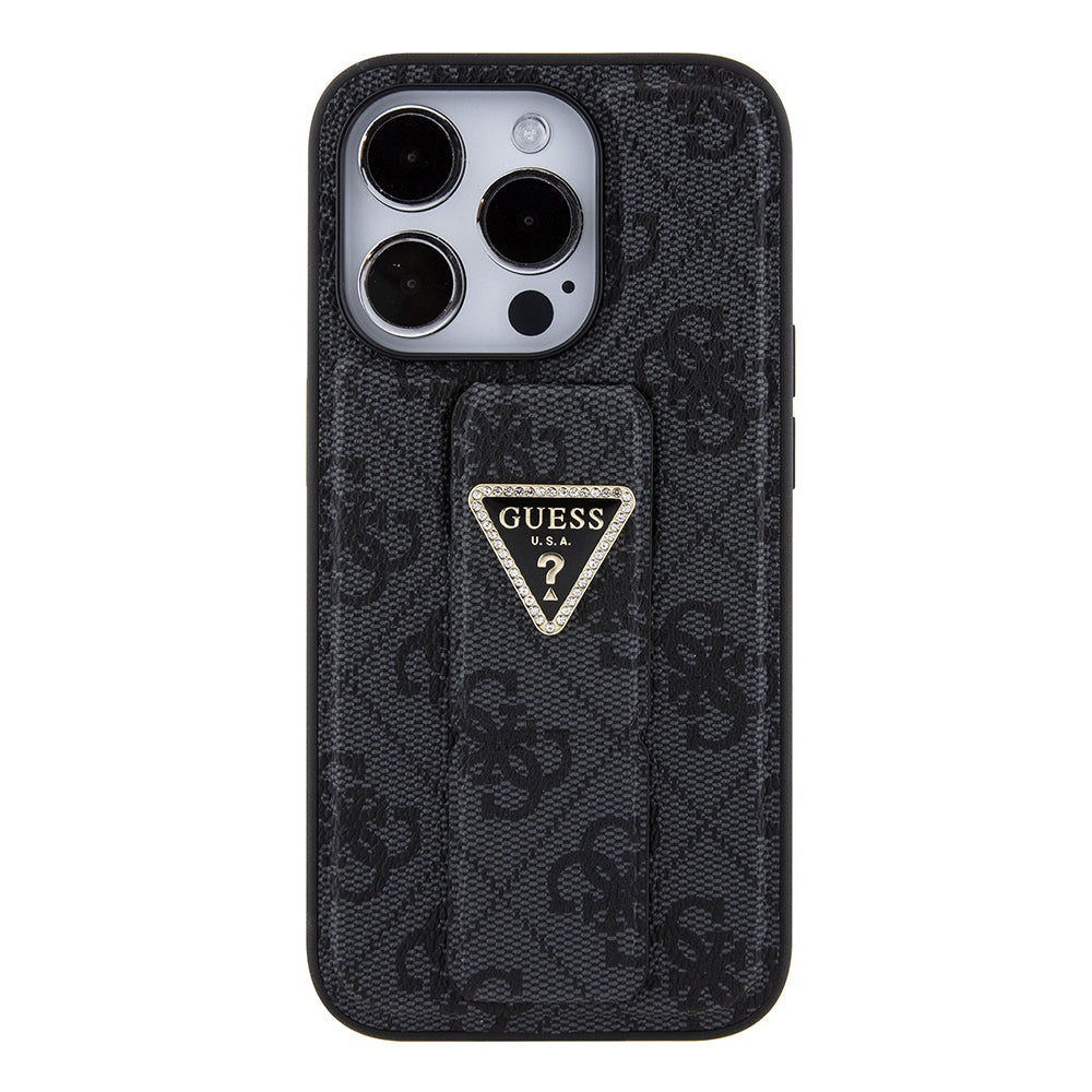 Funda para Apple iPhone 15 Pro, Guess, Grip Stand 4G Triangle Strass, Negra