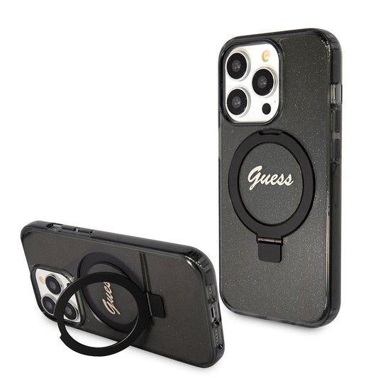 Funda MagSafe para Apple iPhone 15 Pro, Guess, IML Ring Stand Glitter, Negra