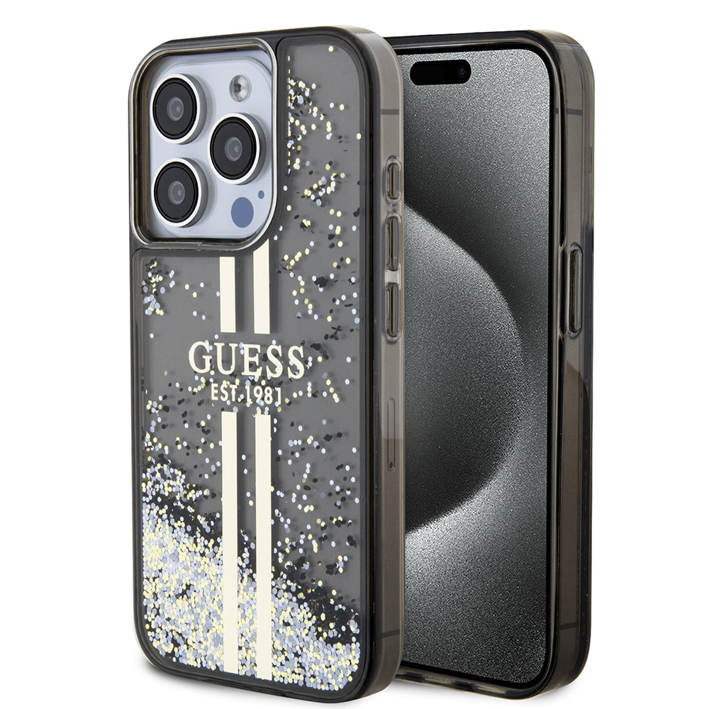 Funda para Apple iPhone 15 Pro, Guess, Liquid Glitter Gold Stripe, Negra