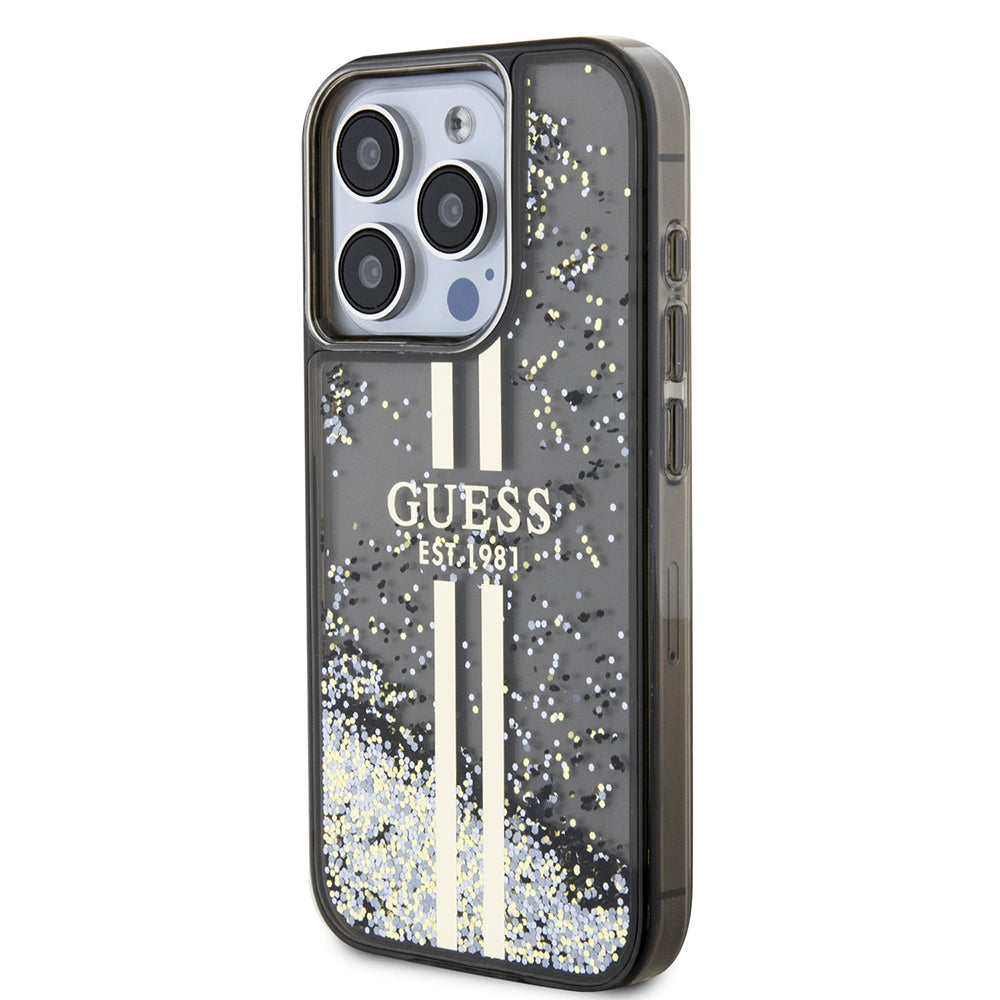 Funda para Apple iPhone 15 Pro, Guess, Liquid Glitter Gold Stripe, Negra