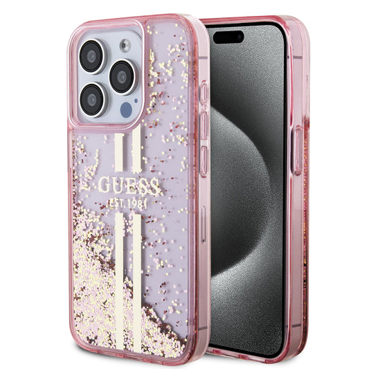 Funda para Apple iPhone 15 Pro, Guess, Liquid Glitter Gold Stripes, Rosa