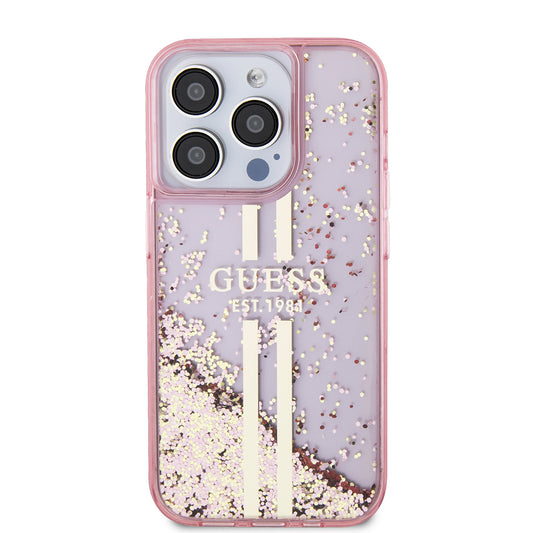 Funda para Apple iPhone 15 Pro, Guess, Liquid Glitter Gold Stripes, Rosa