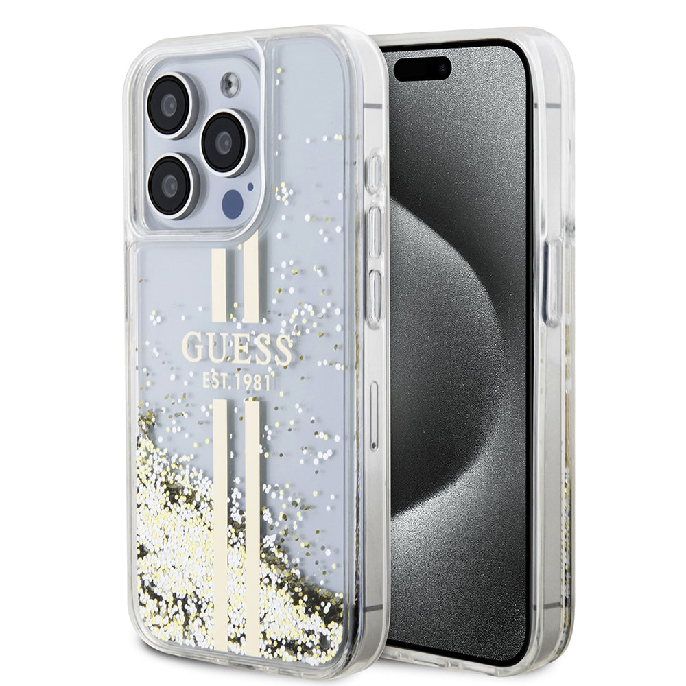 Funda para Apple iPhone 15 Pro, Guess, Liquid Glitter Gold Stripes, Transparente
