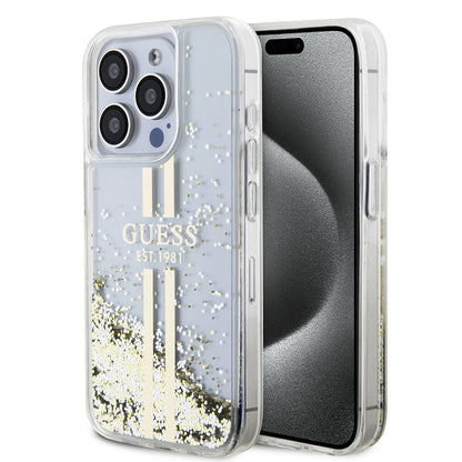 Funda para Apple iPhone 15 Pro, Guess, Liquid Glitter Gold Stripes, Transparente