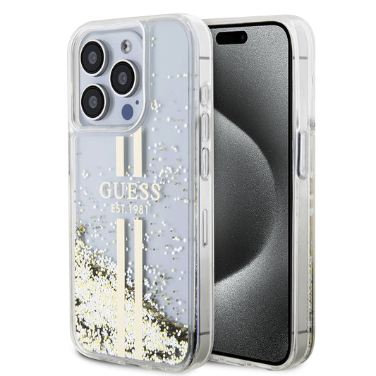 Funda para Apple iPhone 15 Pro, Guess, Liquid Glitter Gold Stripes, Transparente