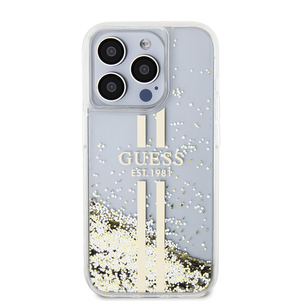 Funda para Apple iPhone 15 Pro, Guess, Liquid Glitter Gold Stripes, Transparente