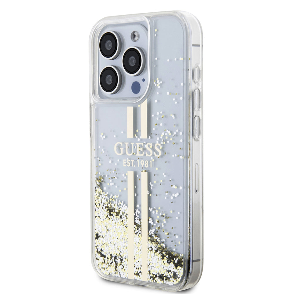Funda para Apple iPhone 15 Pro, Guess, Liquid Glitter Gold Stripes, Transparente