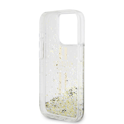 Funda para Apple iPhone 15 Pro, Guess, Liquid Glitter Gold Stripes, Transparente