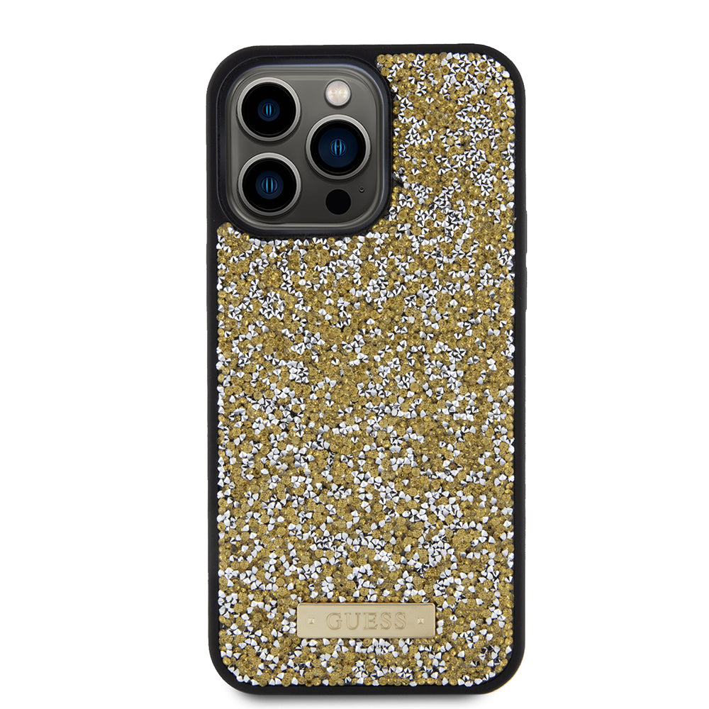 Funda para Apple iPhone 15 Pro, Guess, Rhinestone Metal Logo, Amarilla