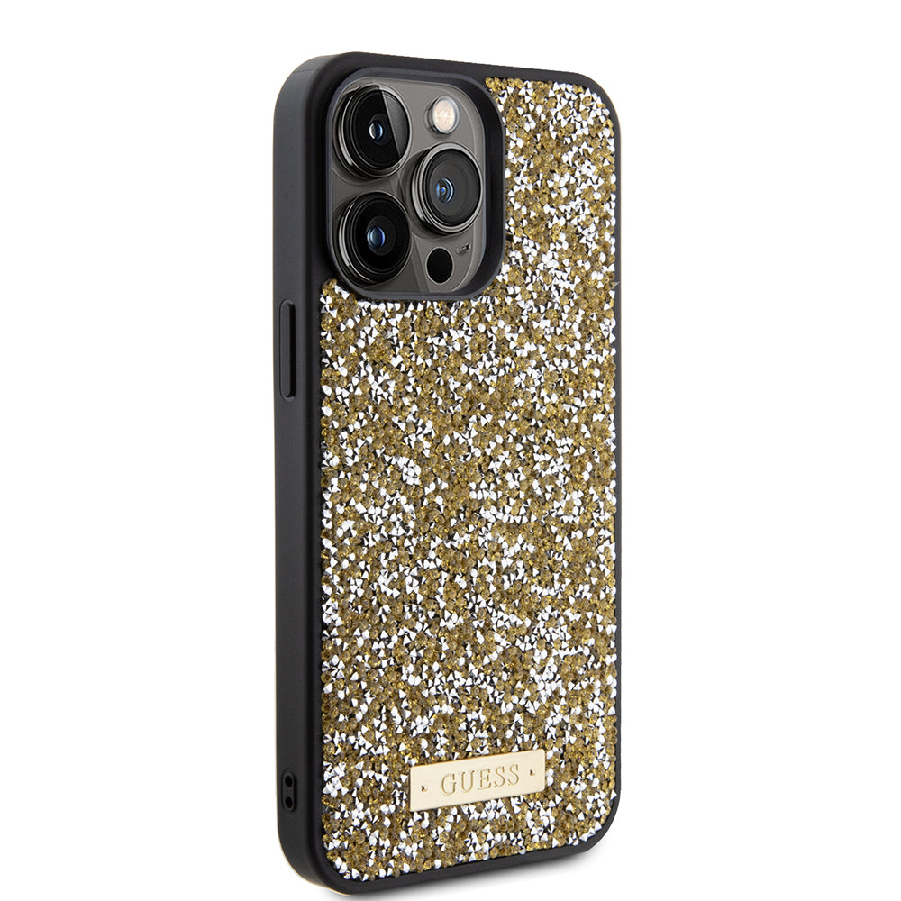 Funda para Apple iPhone 15 Pro, Guess, Rhinestone Metal Logo, Amarilla