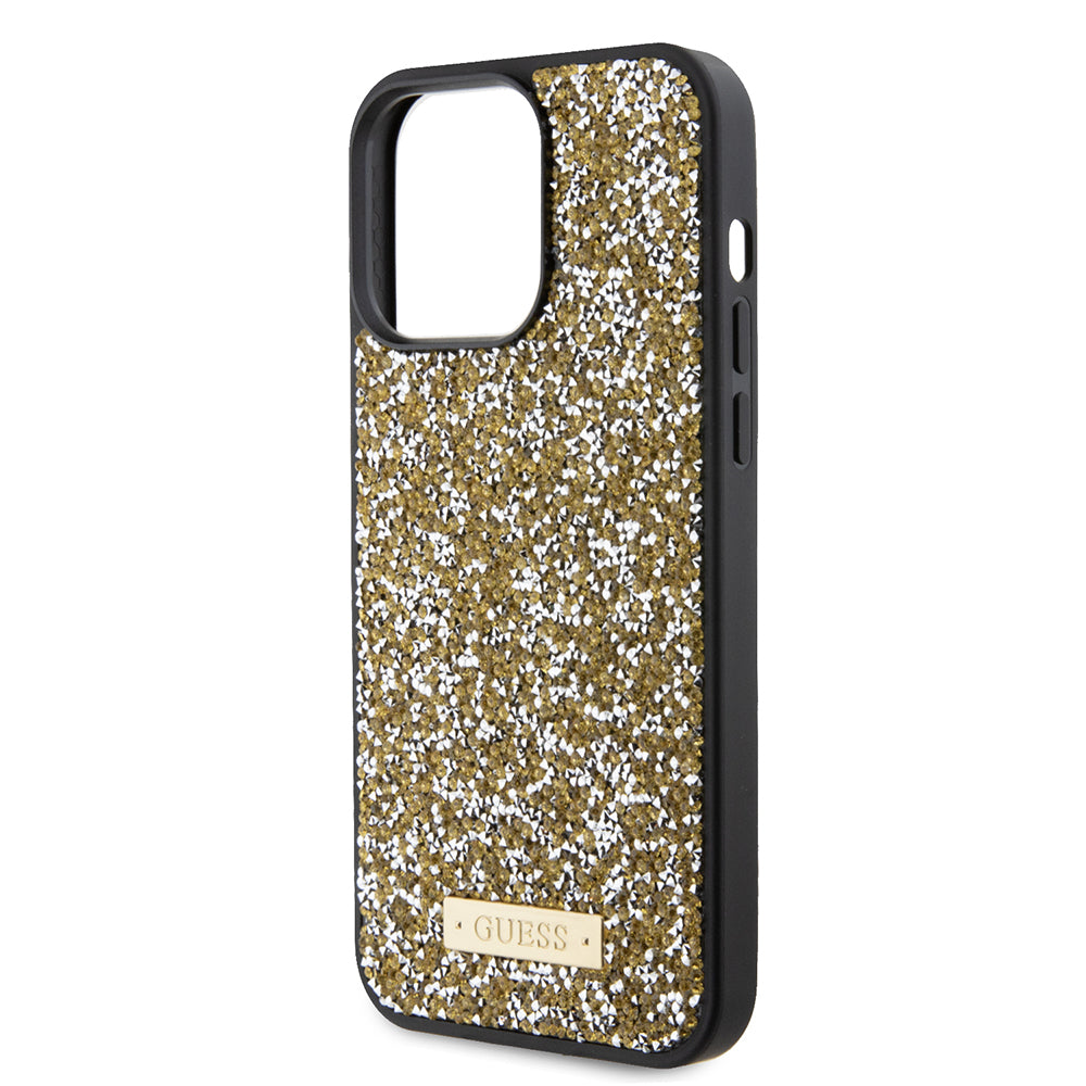 Funda para Apple iPhone 15 Pro, Guess, Rhinestone Metal Logo, Amarilla