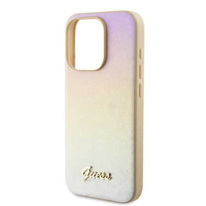 Funda para Apple iPhone 15 Pro, Guess, Saffiano Iridescent Script, Dorada