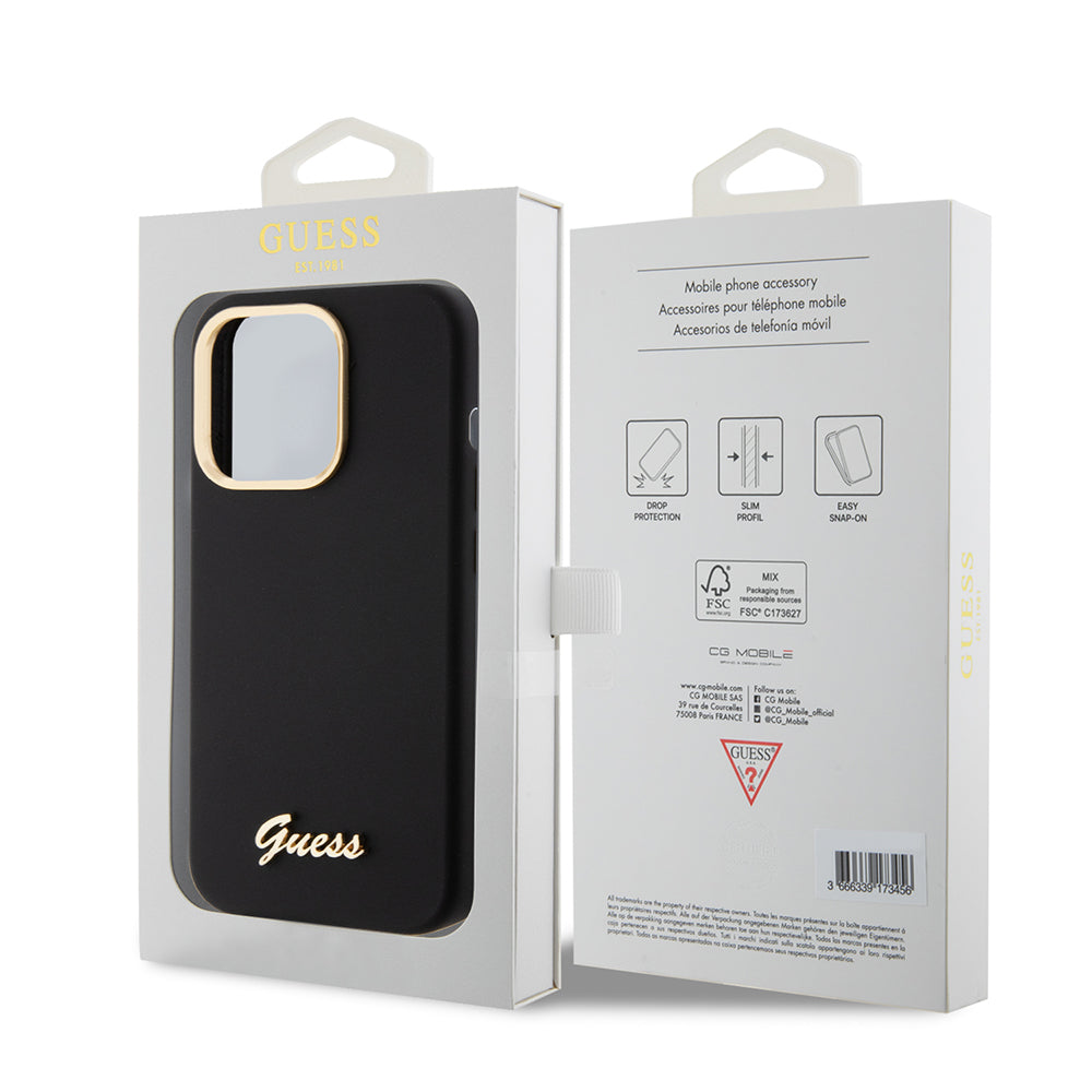 Funda para Apple iPhone 15 Pro, Guess, Script Metal Logo & Frame, Negra