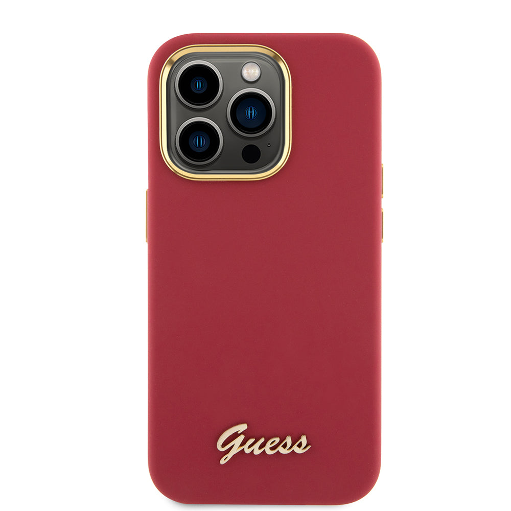 Funda para Apple iPhone 15 Pro, Guess, Script Metal Logo & Frame, Roja