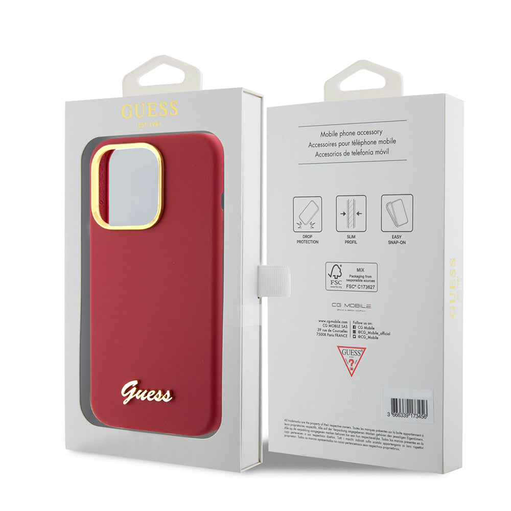Funda para Apple iPhone 15 Pro, Guess, Script Metal Logo & Frame, Roja