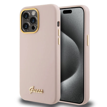 Funda para Apple iPhone 15 Pro, Guess, Script Metal Logo & Frame, Rosa Claro