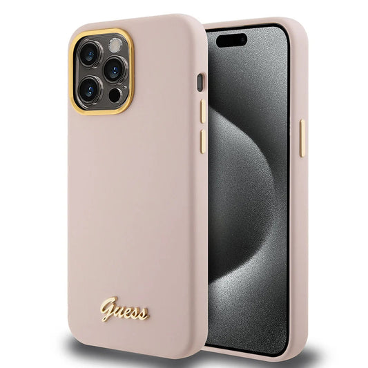 Funda para Apple iPhone 15 Pro, Guess, Script Metal Logo & Frame, Rosa Claro