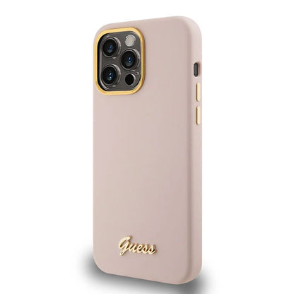 Funda para Apple iPhone 15 Pro, Guess, Script Metal Logo & Frame, Rosa Claro