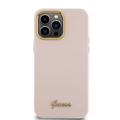 Funda para Apple iPhone 15 Pro, Guess, Script Metal Logo & Frame, Rosa Claro