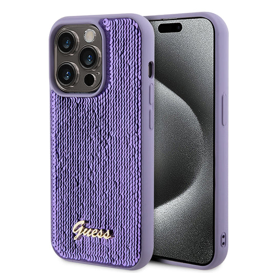 Funda para Apple iPhone 15 Pro, Guess, Sequin Script Metal, Morado