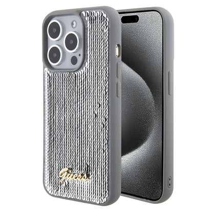 Funda para Apple iPhone 15 Pro, Guess, Sequin Script Metal, Plateada