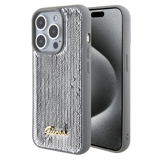 Funda para Apple iPhone 15 Pro, Guess, Sequin Script Metal, Plateada