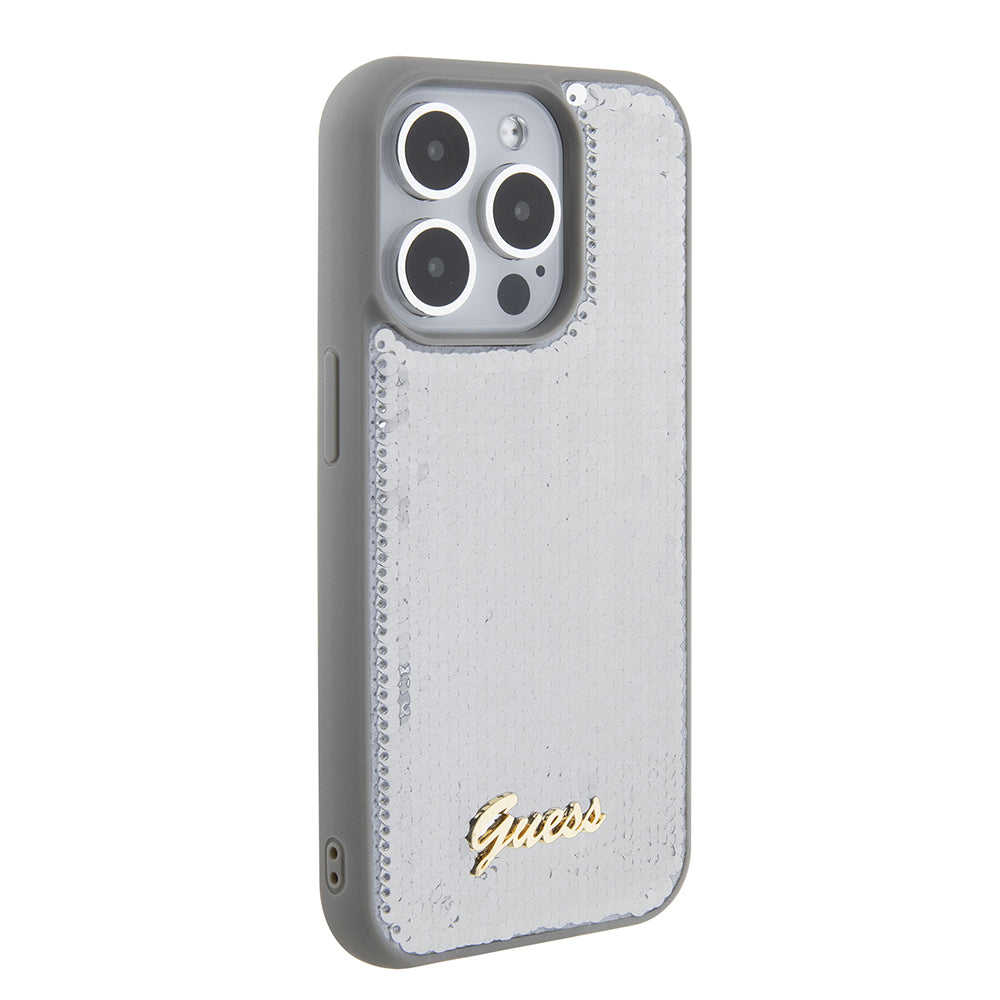 Funda para Apple iPhone 15 Pro, Guess, Sequin Script Metal, Plateada