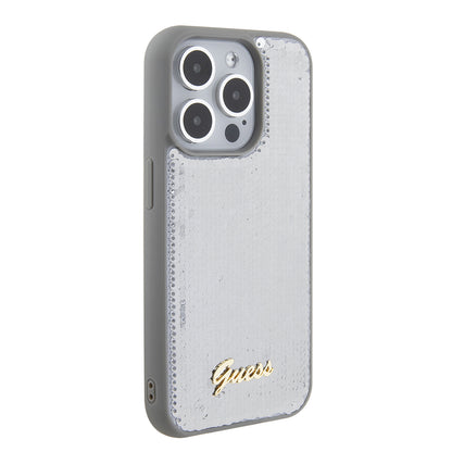 Funda para Apple iPhone 15 Pro, Guess, Sequin Script Metal, Plateada