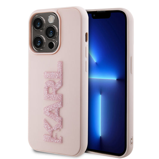 Funda para Apple iPhone 15 Pro, Karl Lagerfeld, Logo Karl de Goma Brillante 3D, Rosa