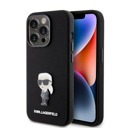 Funda para Apple iPhone 15 Pro, Karl Lagerfeld, Silicone Metal Ikonik, Negra