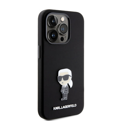 Funda para Apple iPhone 15 Pro, Karl Lagerfeld, Silicone Metal Ikonik, Negra
