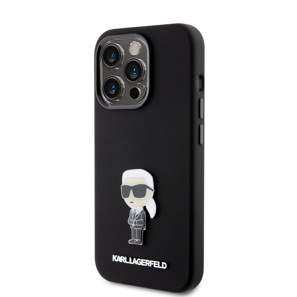 Funda para Apple iPhone 15 Pro, Karl Lagerfeld, Silicone Metal Ikonik, Negra