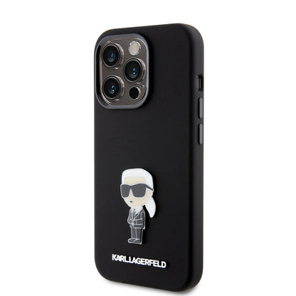 Funda para Apple iPhone 15 Pro, Karl Lagerfeld, Silicone Metal Ikonik, Negra