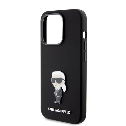 Funda para Apple iPhone 15 Pro, Karl Lagerfeld, Silicone Metal Ikonik, Negra