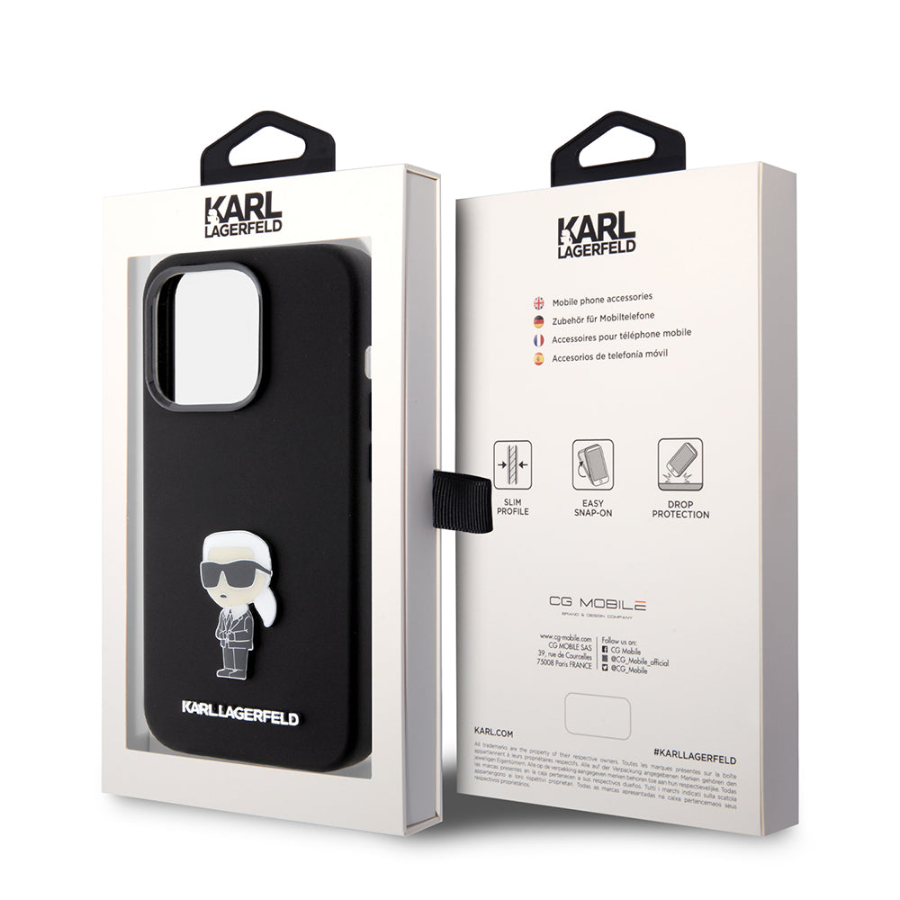 Funda para Apple iPhone 15 Pro, Karl Lagerfeld, Silicone Metal Ikonik, Negra