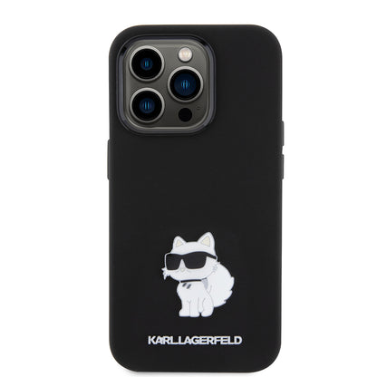 Funda para Apple iPhone 15 Pro, Karl Lagerfeld, Silicona Choupette Metal, Negra